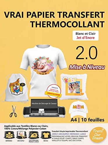 TransOurDream Papier Transfert pour Textile 2.0-10 feuilles x A4 Papiers Transferts pour T-Shirts et Textiles blancs ou Clairs, Non Impression Miroir,Thermocollant, Impression Jet d'Encre FR2-2.0-10