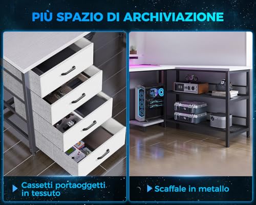 Scrivania con Cassetti, Scrivania ad Angolo Reversibile con Multipresa, Scrivania Gaming con LED e Supporto per Monitor per Ufficio a Casa, 167×102 cm, Bianco - Sedia gaming - Immagine 4