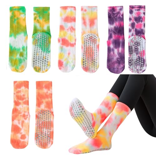 4 Pairs Women Yoga Socks with Grips,Tie Dye Non Slip Grip Crew Socks Colorful Grippy Socks for Barre Ballet Barefoot Workout