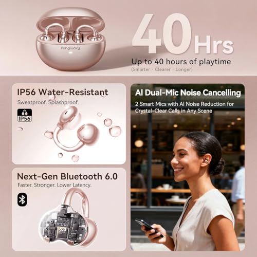 Image of Kinglucky Upgraded Clip-On Earbuds Bluetooth 6.0 Wireless Headphones Open Ear Buds Comfortable Fit & Crystal-Clear Sound, 40H Playtime for Women & Kids Ideal for Small Ears, Sports, Glasses Rose Gold