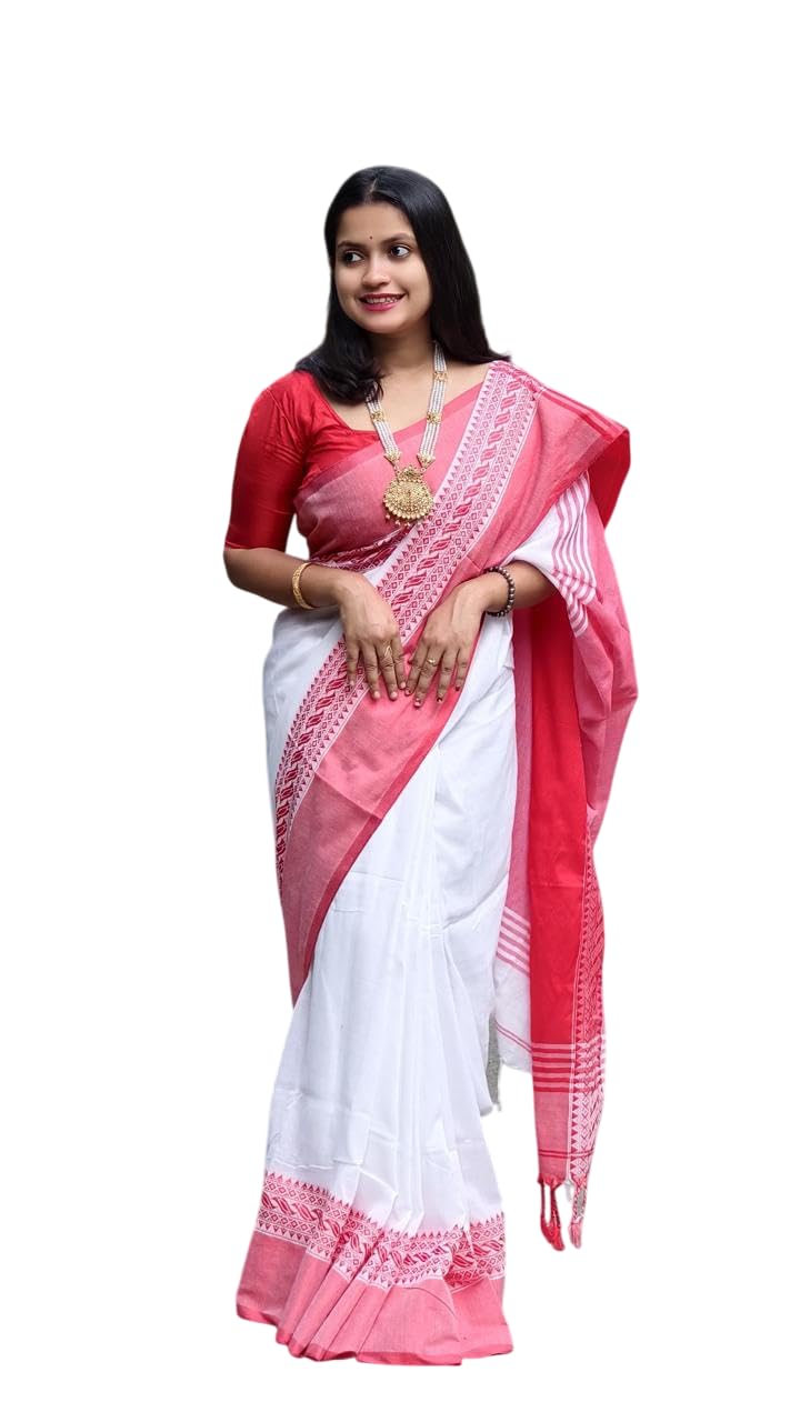 SOURISH SAREE HOUSE Pure Cotton Saree, without Blouse Piece White with Red Border, Woven Ethnic Pattern-image-15