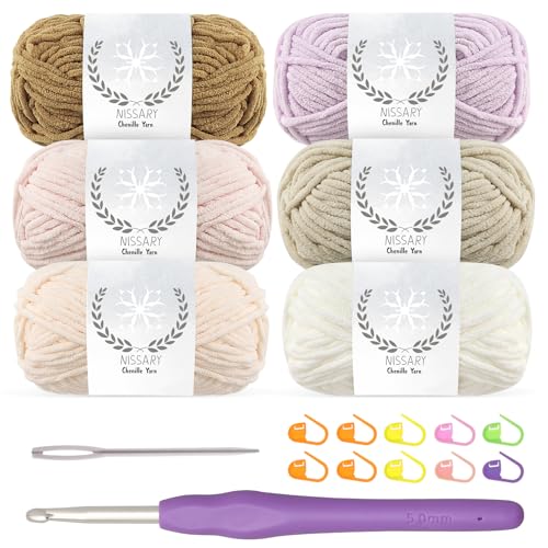 Chenille wolle zum häkeln - 6x50g Flauschige Dicke Wolle Set mit 5mm Häkelnadel, Weiche Häkelwolle für Babyprojekte & Decken, Chenille Garn für Handwerk