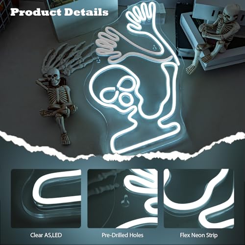 Image of Skeleton Skull Neon Sign White Halloween Waving Ghost Led Flicker Light Up Signs for Wall Decor Usb Powered Fun Lamp Neon Light Sign for Bedroom Beer Bar Man Cave Decor Birthday Halloween Party Gifts