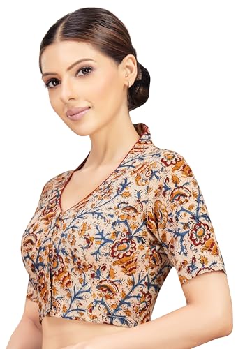 Image of Studio Shringaar Women Cotton Kalamkari Printed with Elbow Length Sleeves Readymade Saree Blouse