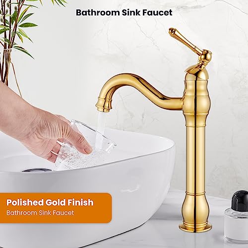 Polish Gold Vessel Sink Faucet Bathroom Single Handle Lavatory Vanity Mixer Bar Tap With Pop Up Drain Tall Spout Single Hole Deck Mount #TOP1