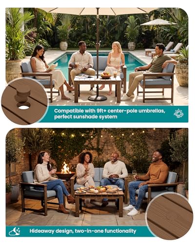 Image of SERWALL HDPE Outdoor Loveseat with Cushions, All Weather Use Outdoor Loveseat Sofa, Brown Frame /Grey Cushion