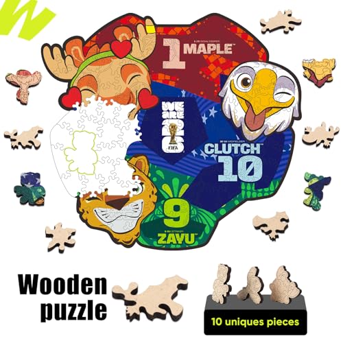 Image of FIFA World Cup 2026 Mascot Wooden Jigsaw Puzzle, 150 Pieces Unique-Shape Collector's Set (Clutch, Maple & Zayu) Official Merchandise - Fun for Kids & Adults, Ideal Soccer Fan Gift, 11.8 x 10.8 Inch