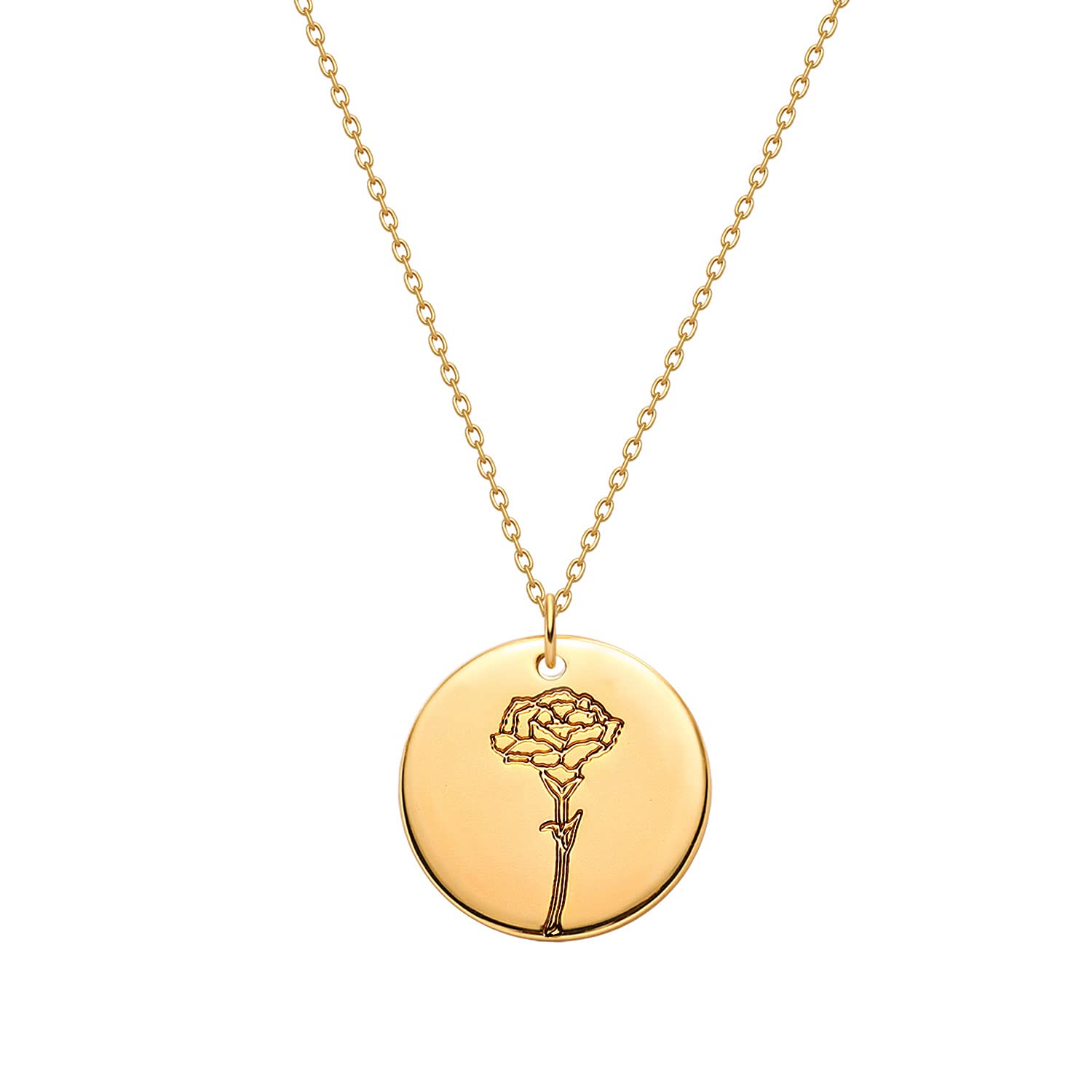 MYEARS Women Birth Flower Necklace Gold Coin Engraved Disc 12 Month Flower Bouquet Pendant 14K Gold Plated Dainty Chain Personalized Floral Jewelry