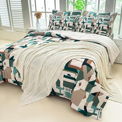 Image of lasoftan Geometry Queen Comforter Set with Sheets, 7 Piece Luxury Vintage Bedding, Soft Microfiber Bed in a Bag, Cozy Lightweight Bed Set, Brown Green Geometry