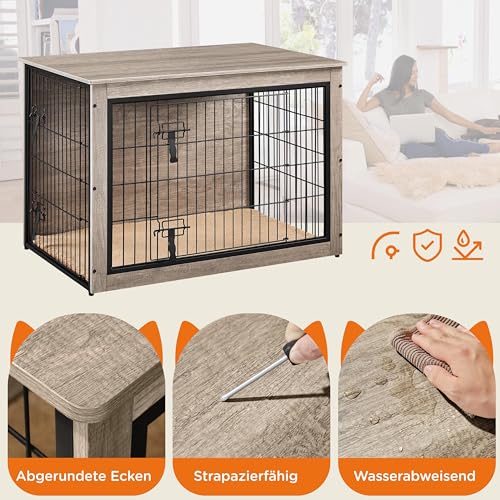 Yaheetech Hundekäfig Möbel mit Hundedecke & 2 Türen, Hundebox für Zuhause, Moderne Hundehütte Indoor, Hundebox Holz für Wohnzimmer, 96x65x68 cm, Grau
