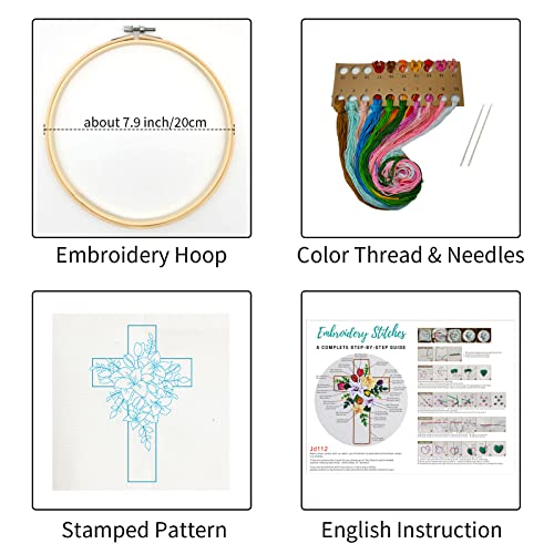 Image of Louise Maelys Cross Lily Pattern Embroidery Starter Kit,Cross Stitch Kits for Adults with Embroidery Hoop Needles Threads Instruction -Easter Jesus