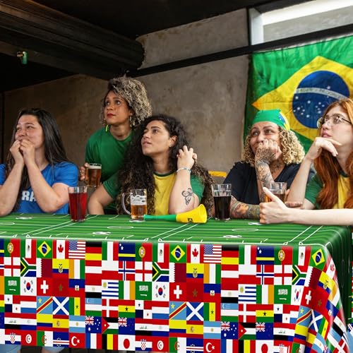 Image of 3 Pcs Soccer Tablecloths Plastic, Disposable Soccer Rectangle Table Cover 54 X 108 Inch, 2026 International World Flags Green Tableware Set Birthday Party Decorations for Sports Theme Party Supplies