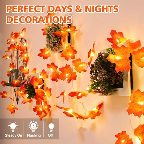 OCATO 4PCS Fall Decor Thanksgiving Decorations for Home Table, Fall Leaves Garland Lights 40FT 80LED Halloween Decorations Indoor Outdoor Fall Home Room Decor Autumn Harvest Party Wedding Decorations