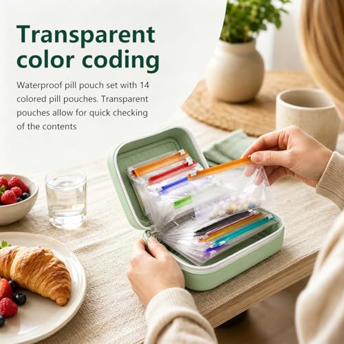 Waterproof Pill Pouch Set, 14pcs Color-Coded Bags Inside, A7-L Waterproof Pill Organizer Set, Reusable Travel Medicine Organizer, Leakproof Zippered Pill Storage, Compact Daily Pills Holder (Black) - Image 6