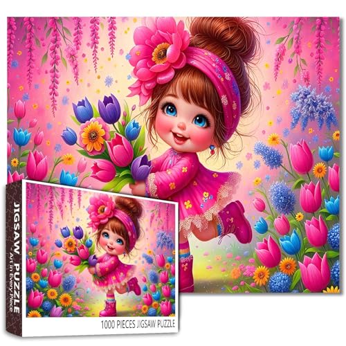 Puzzle mignon de 1000 pièces pour adultes avec fleurs colorées, robe rose, bouquet de tulipes et scène de jardin fantastique, casse-tête stimulant pour loisirs créatifs, décoration de la maison