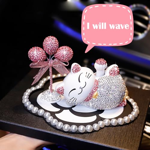 Miosugo Glückskatze Auto Dekoration,Strass-Glückskatzen-Dekoration,Glückskatze mit Strasssteine,Abnehmbare Armaturenbrett Deko Katze,Armaturenbrett Ornament,Universelle Autoinnenraum Dekoration