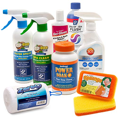 Hot Tub Spa Cleaning Supplies Kit: Shell Wax, Spa Cover Protectant, Filter Cartridge Cleaner, Pillow & Cabinet Cleaner, Spaange Scrub Pads, Spa System Flush, ZorbO Scum Absorber