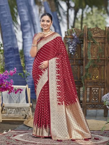 Image of MANOHARI Women's Trendy Banarasi Satin Silk Woven Saree with Heavy Jacquard Work, Elegant Design, Silk Saree with Maching Lace Border Unstitched Blouse Piece for Weddings & Festive Occasions