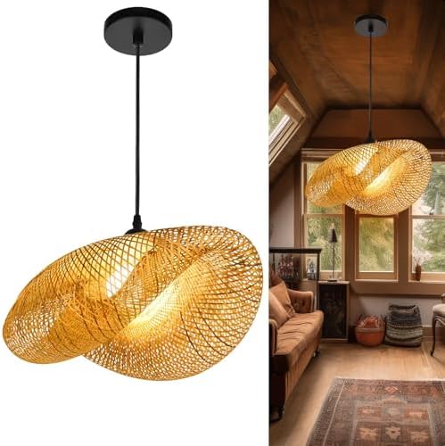 GCQ Bamboo Lantern Pendant Lamp, Retro Japanese Style E27 Chandel...