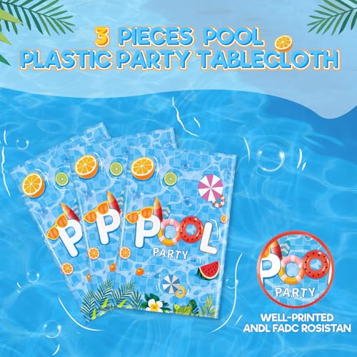 Image of Miucat 3pcs Pool Party Table Cloth Disposable, Waterproof Summer Tablecloth for Beach Swimming Pool Summer Birthday Party Dining Table Decor 54 X 108 Inch