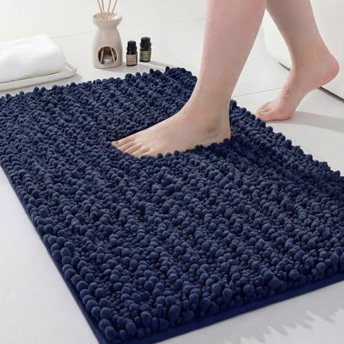 Disolla Small Bath Mat 17x24 Inch - Chenille Navy Blue Bathroom Rug Extra Soft Absorbent Plush Shaggy Bathmat Non-Slip Machine Washable Floor Mat for Shower Tub and Sink