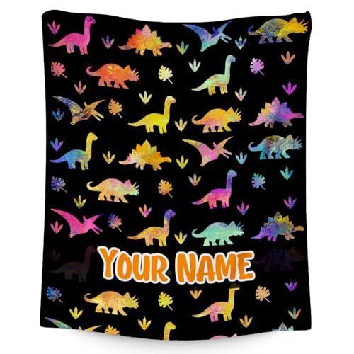 Custom Dinosaur Blanket with Name - 50x60 Inches Cute Throw for Boys - Black Soft Fuzzy Blankets for Couch & Office