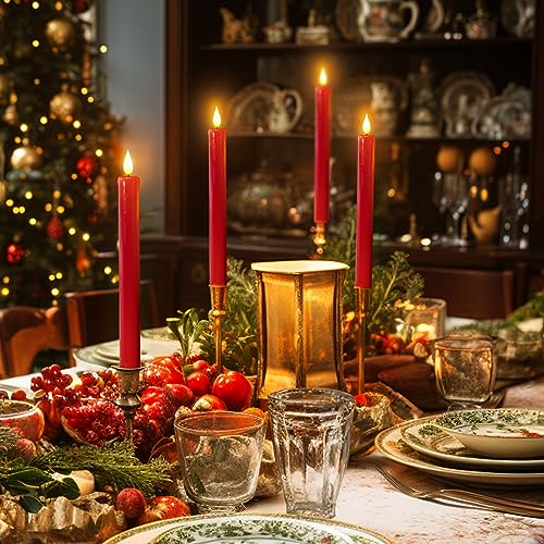 Image of Homemory 6 Pcs Flameless Taper Candles with Remote Timer Dimmer, Red Battery Operated Candlesticks Flickering, Plastic Led Taper Candles Realistic, 9.6 Inches for Party Holiday Celebrations Christmas