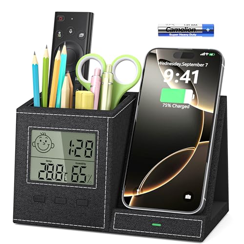 Multifunctional Pen Holder and Organizer for Desk with Wireless Charger, Digital Indoor Thermometer...