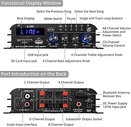 PROZOR Audio Power Amplifier 4.1 CH with 5.0 Bluetooth Receiver Bass & Treble Control 180W Stereo Audio Speaker Amp with LCD Display Remote Control for Car Home Garage Theater