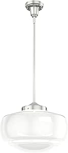 Hunter - Saddle Creek 1-light Brushed Nickel, Medium Size Pendant Light, Dimmable, Schoolhouse Style, Schoolhouse Shaped, for Bedrooms, Kitchens, Dining, Living Rooms - 19194