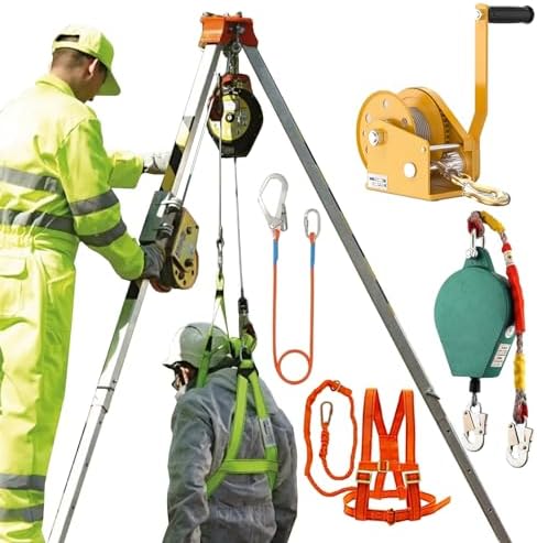アルミニウムレスキュー三脚落下保護、安全ベルト付き三脚装置リフト/伸縮脚/リフティングウインチ、高い場所での作業用限られたスペースキ  狭い場所や高所作業に最適な救助用三脚付き頑丈落下防止キット – 1200/1800/2600ポンドの容量 ウインチ安全装備とハーネス 落下 ... 大容量三脚レスキューシステム – 閉鎖空間、消防、深井戸、崖からの救助のためのリフティング機器 – 緊急救助用具