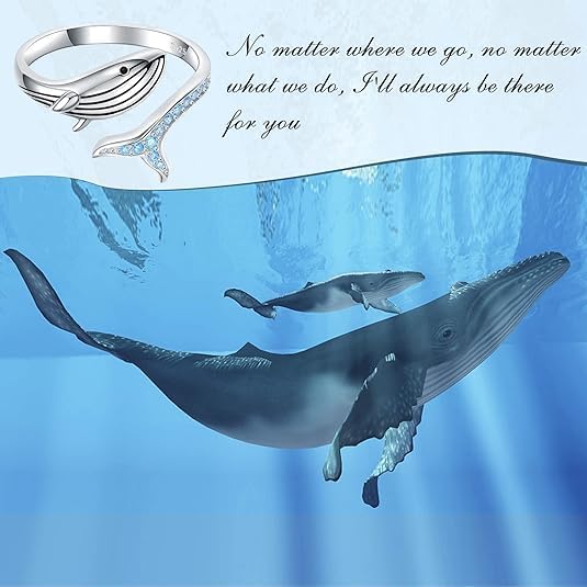 925 Sterling Silver Whale Ring with Blue Cubic Zirconia, Adjustable Size 6-9, White Gold Plated, Mother's Day Gift for Women Mother and Daughter - Image 4