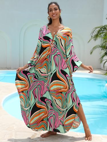 Image of IMAGEKOPE Women's Plus Size Animal Print V-Neck Batwing Kaftan Beach Dress Bathing Suit Cover-Up Loungewear