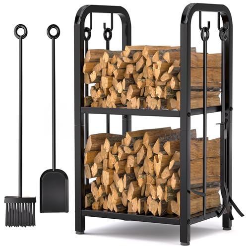 HONEST OUTFITTERS Firewood Rack Indoor, 2-Tier Firewood Rack Outdoor with 4 Pieces Fireplace Tools Set, Heavy Duty Log Wood Holder for Fireplace, Fire Pit, Wood Stove Black