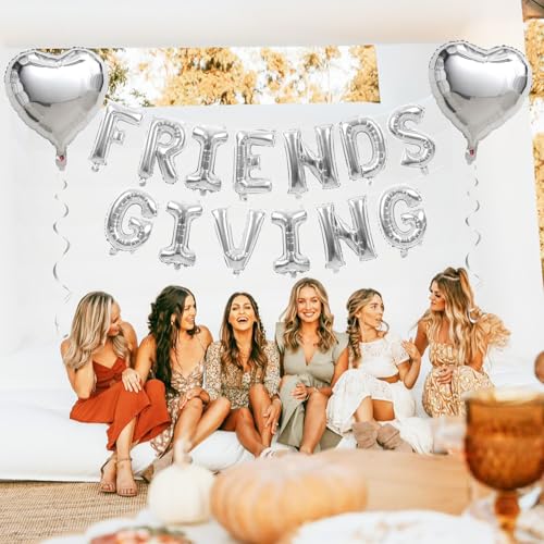 Image of Friendsgiving Balloons Friends Giving Party Decorations 16 Inches Tall Silver Heart Friendsgiving Foil Mylar Balloon Letter Banner for Fall Theme Thanksgiving Friends Party Backdrop Supplies