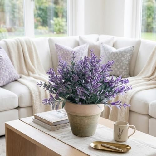 Image of Garden Art Artificial Lavender Plant in Rustic Pot - Realistic Faux Lavender Flowers for Home Decor, Office Desk, Tabletop, Farmhouse & Modern Decoration (P-093Purple)