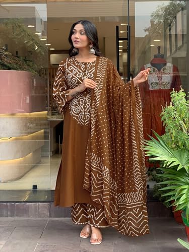 Image of GoSriKi Kurta Sets for Women Rayon Viscose Bandhani Printed | Kurti Set for Woman | Kurta Pant Dupatta Set | Straight Kurti | Round Neck 3 /4 Sleeve Suit Set for Women Stylish Ethnic Outfit
