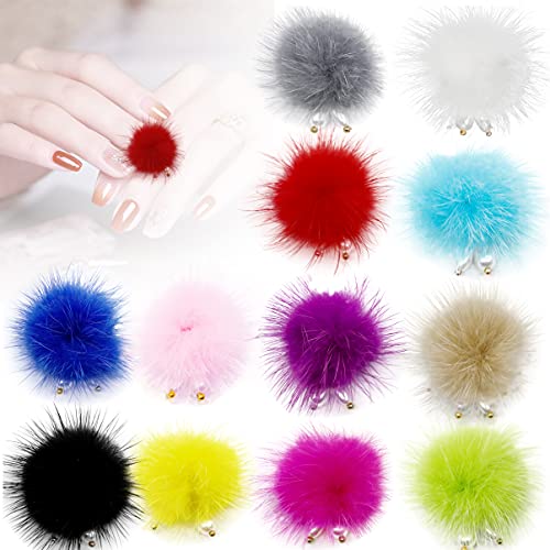 12PCS Nail Pom Pom Fluffy Plush Ball, Detachable Nail Puff Fur Ball, Magnetic Pom Poms for Nails, 3D Soft Pompon Ball with Pearl Pendants, Nail Accessories DIY Nail Decor
