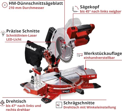 Einhell Akku-Kappsäge TE-MS 18/210 Li-Solo | PXC | 18 V | 60 x 120 mm Schnitttiefe/-breite | 1x...