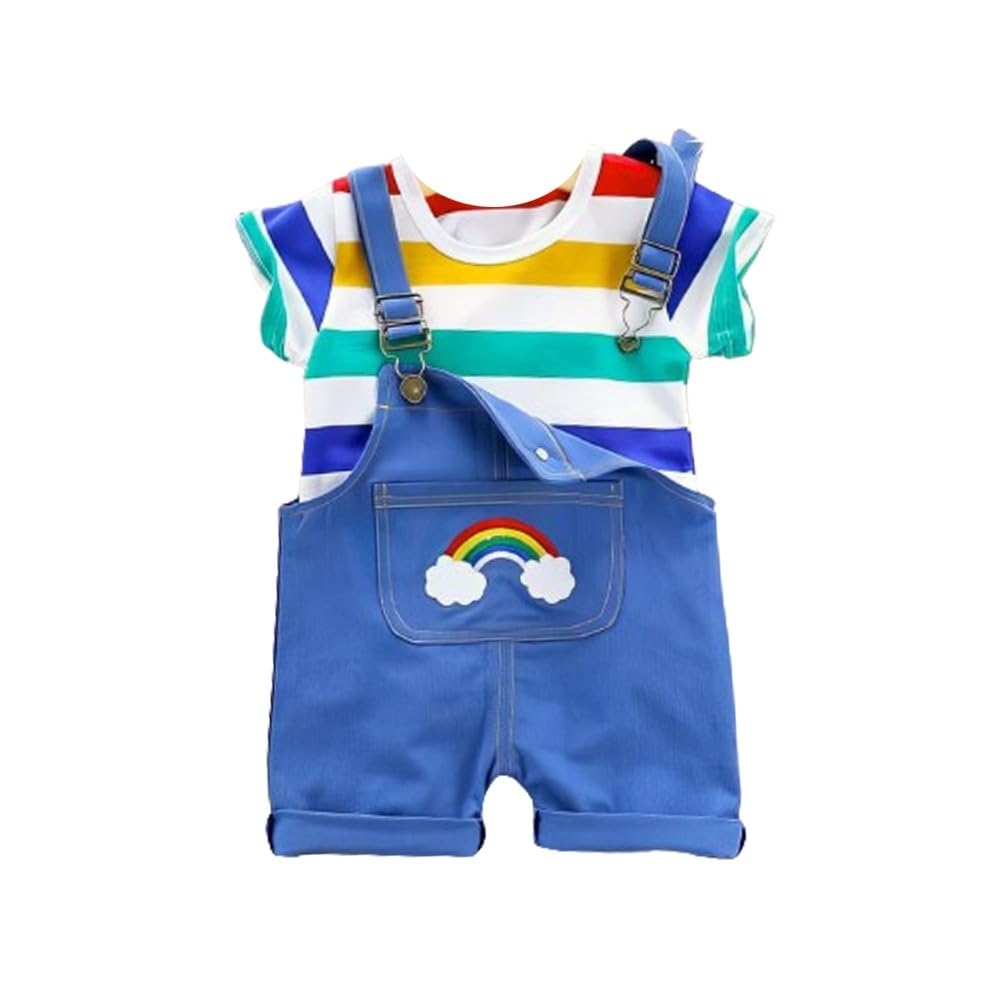 HUMPUColorful Stripe Rainbow Design Cute Half Sleeve Kid's T-Shirt with Dungaree for boys and girls