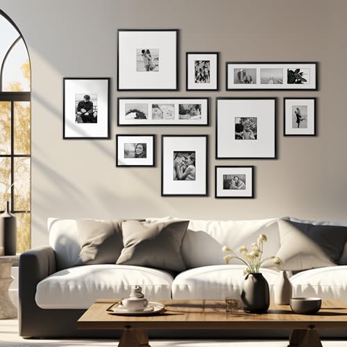 ArtbyHannah 10 Pieces Black & White Large Gallery Wall Frame Set, with Wood Frames and Family Photo Prints Collage for 14 Pic Hanging and Living Room Decoration, Multi-Size