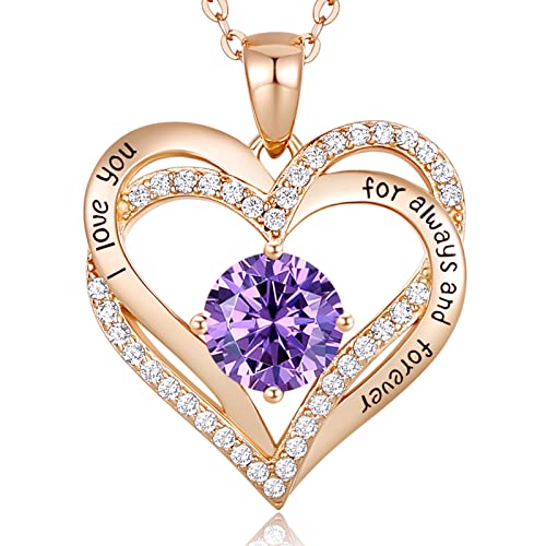 CDE Forever Love Coeur Collier 925 En Argent Sterling Plaqué Or Rose Pierre de Naissance février Pendentif Colliers pour Femmes avec 5A Zircon Cubique Bijoux Cadeau Saint Valentin(Rose Gold-Feb.) Cover