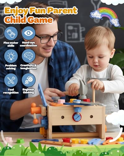 Pangbaylov Wooden Kids Tool Set Montessori Educational Play Tools Toys for 3 Year Old, 38Pcs Pretend Play Tool Box Bench Construction Toys, Christmas Stocking Fillers for Toddler Boys Girls - Image 3