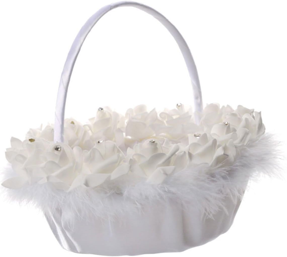 Delicate White Wedding Flower Girl Basket with Handle, Handmade Floral Basket for Bride, Wedding Supplies for Ceremony and Party Decor