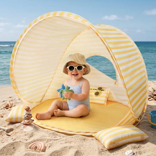 Image of Tiny Land Baby Beach Tent - Pop Up Baby Tent with UV Protection, Portable Baby Beach Essentials, 35.4 inchx27.6 inchx31.5 inch Sun Shelter for Infants, Baby Summer Outdoor Use (Pastel Yellow Stripes)