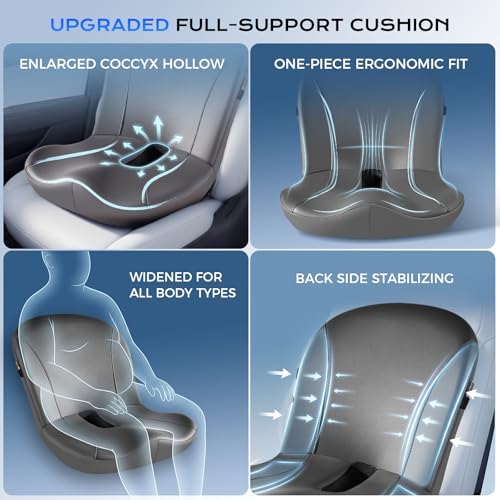 Image of Coverado Car Seat Cushion and Lumbar Support Pillow One Piece, Napa Leather Memory Foam Ergonomic Back Support Driving Seat Cushion for Back Pain, Non-Slip Washable Cushion for Car, Driver, Office