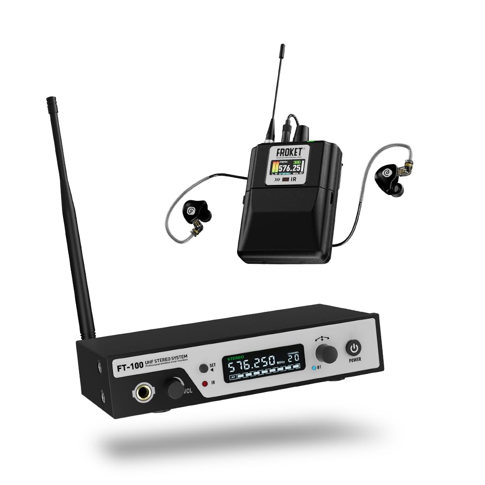 FT-100 - Sistema de monitor intrauditivo inalámbrico profesional, UHF True Stereo IEM con Bluetooth 5.0, 100 canales, 7 ms de baja latencia, rango de 80 m para escenario en vivo, grabación de