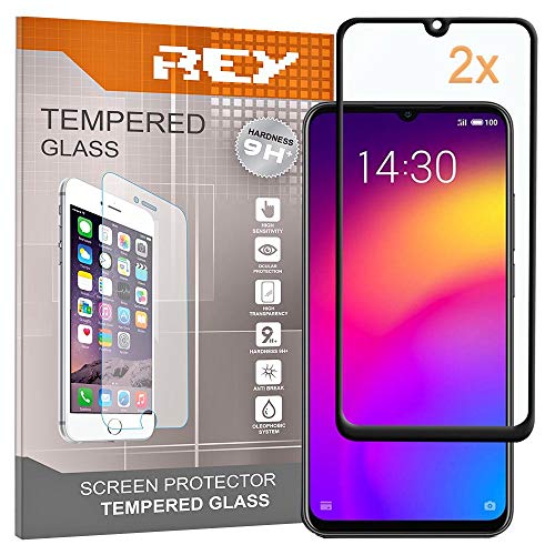 REY Protector de Pantalla 3D para MEIZU Note 9, Negro, Protección Completa, 3D / 4D / 5D (Pack 2X)
