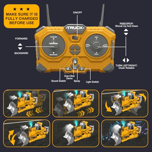 3T6B Ferngesteuerter Bulldozer Spielzeug, 1:24 Legierungen Baufahrzeug mit Funktionen Licht, Sound und Spray, 2,4GHz Baustellenfahrzeuge für 3-12 Jahre Jungen und Mädchen, 2 Batterien (Y1)