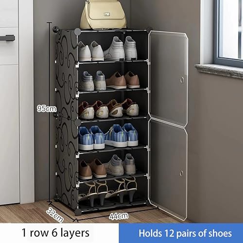 Image of AYSIS 6 Shelf DIY Shoe Rack Box Organizer ^ Multi-Purpose Plastic Shoe Rack for Home, PP Plastic Home Rack with Door for Entryway, Chappal Slipper Shoe Stand【Black Standing, 6-Shelf-2-Door】